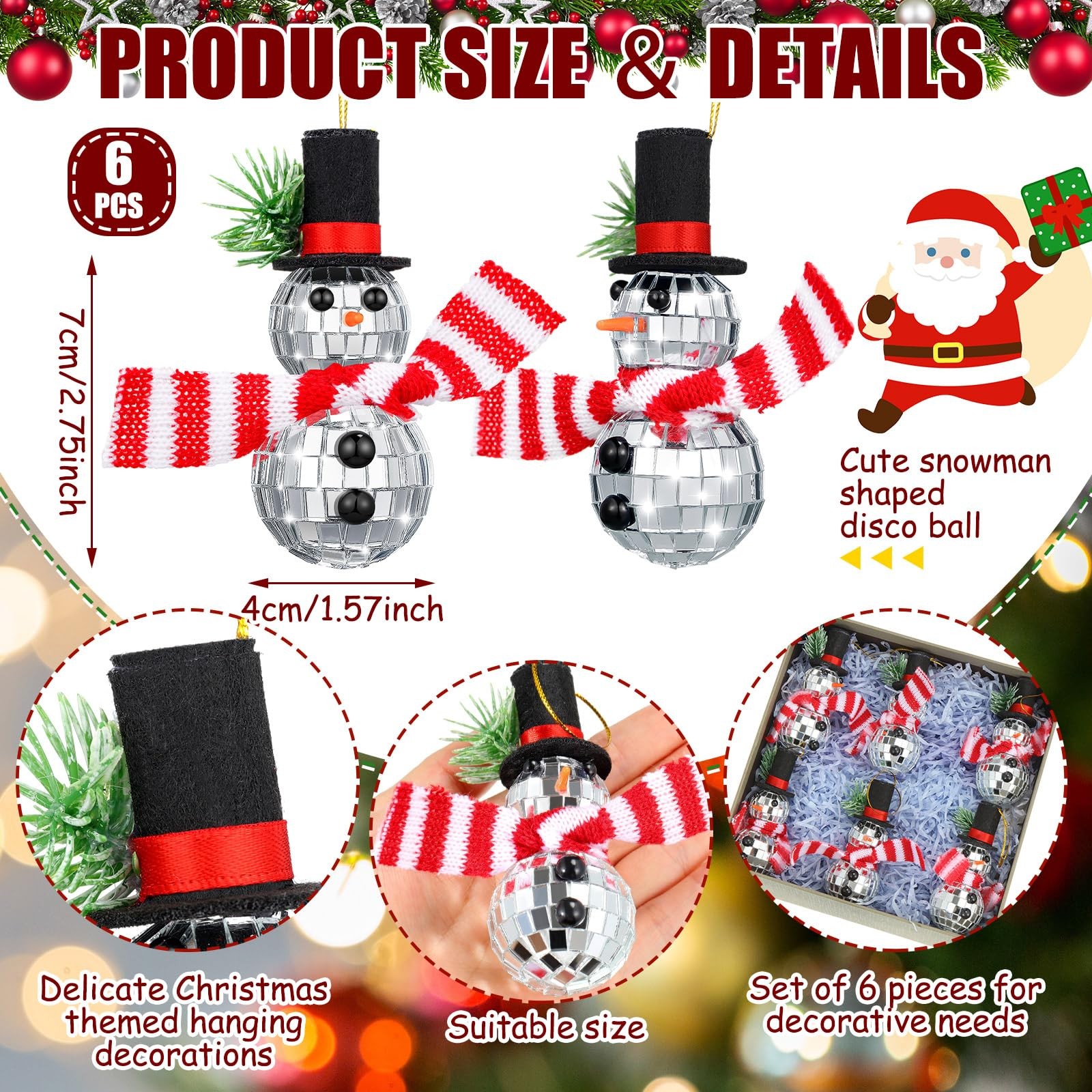 6 Pcs Christmas Snowman Hanging Disco Ball Decorations Reflective Mirror
