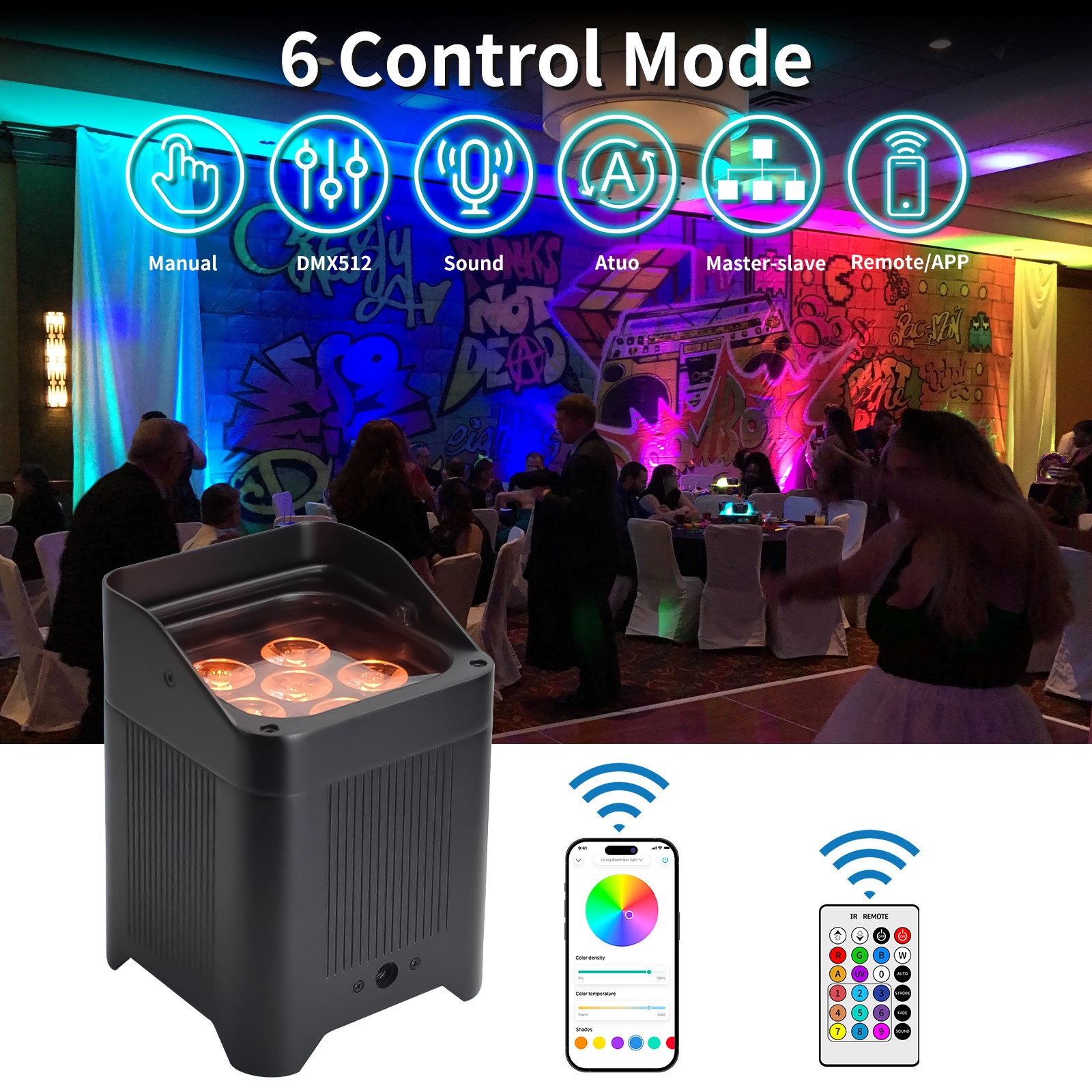 LED Par Light 6*18W RGBWA UV 6in1 Uplight BatteryPowered App DMX Remote Control
