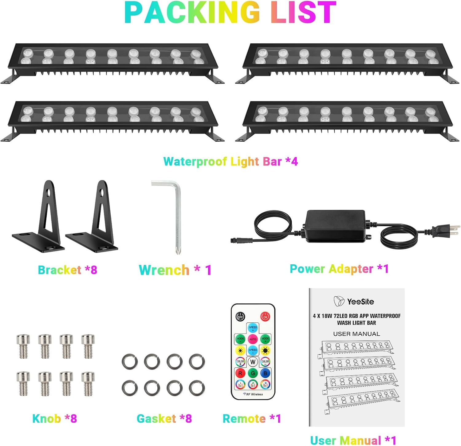 LED Stage Wash Light Bar – 4Pack 72W RGB DJ Light Bar IP66 Waterproof Dimmable S