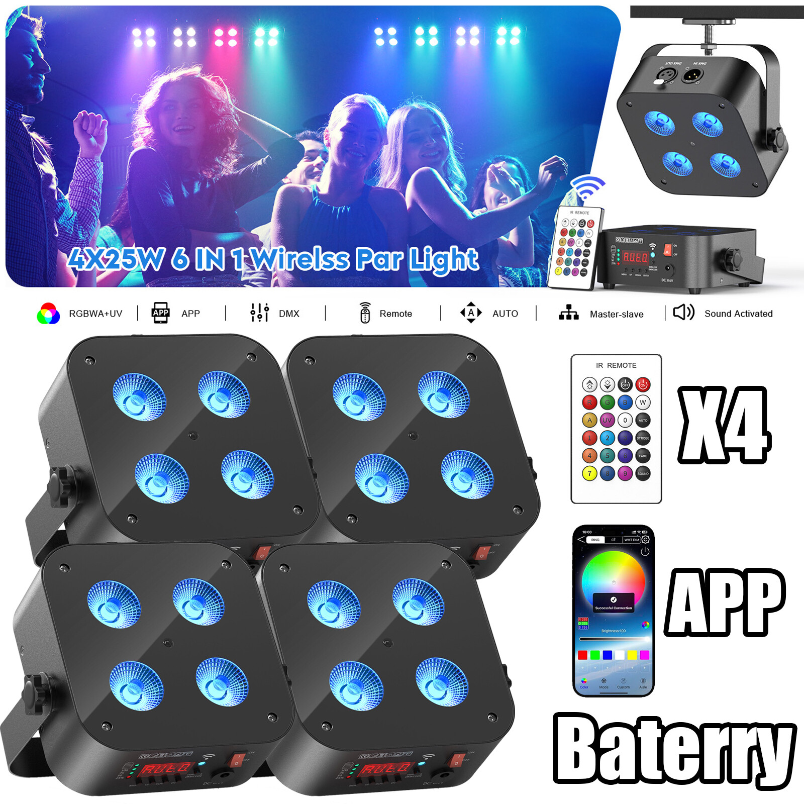 4PCS 4x25W Par Light Beam Stage Light LED RGBWA UV DMX512 Party Disco Halloween