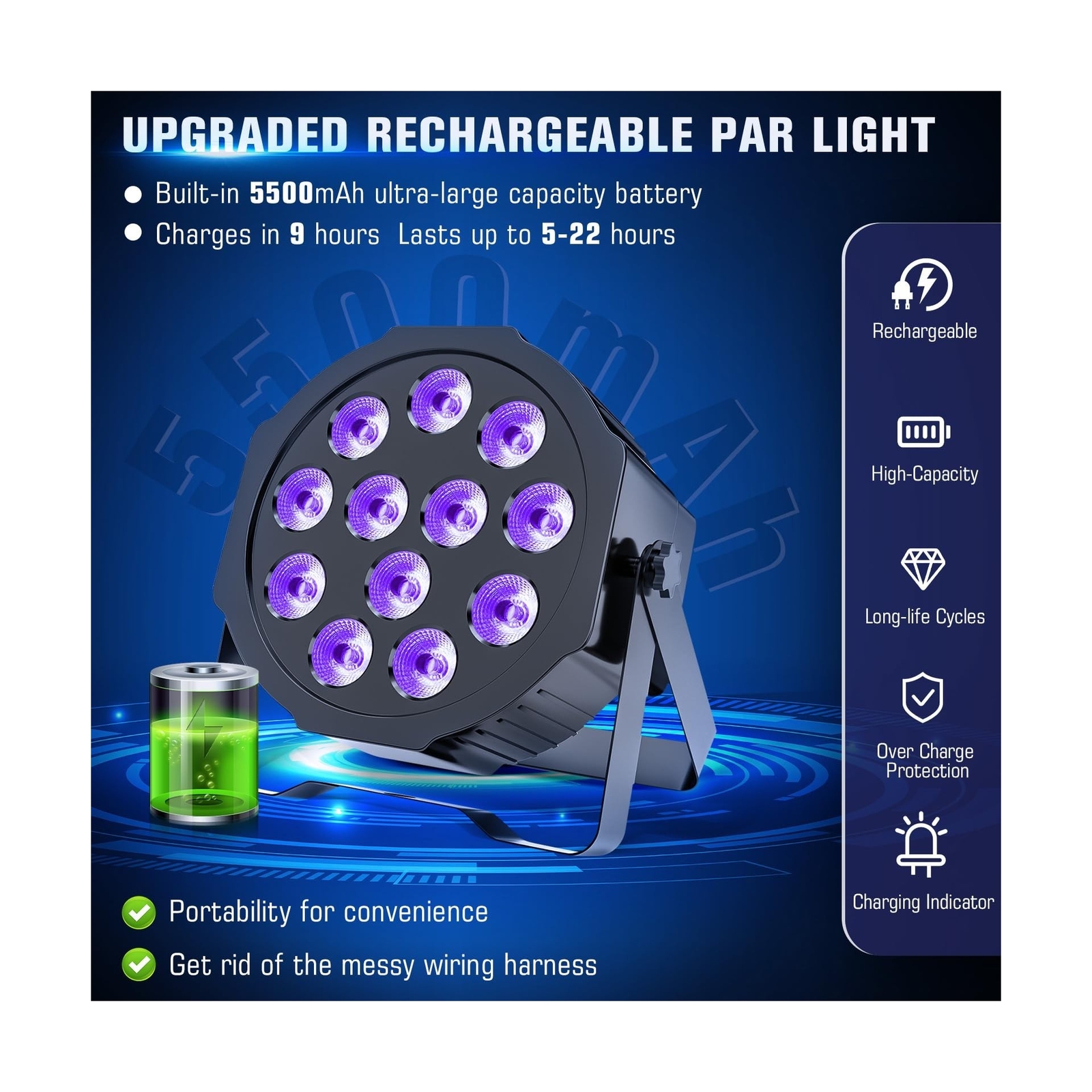 HOLDLAMP Rechargeable Par Lights Uplights RGBWA+UV 6-in-1 LED Battery Powered…