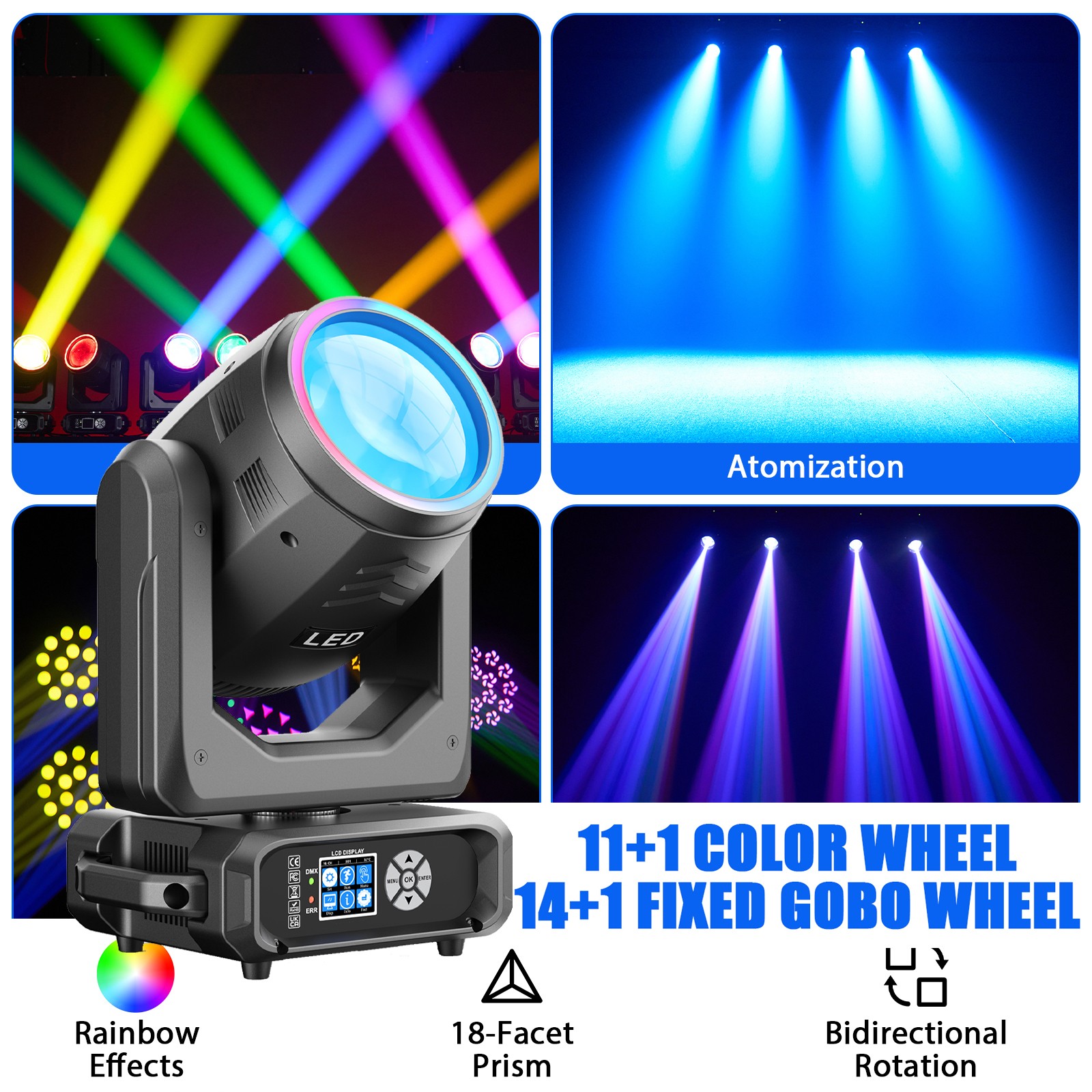 250W LED Moving Head Stage Light DMX RGB Strip 18 Prism 14+1 Gobo Rainbow Effect