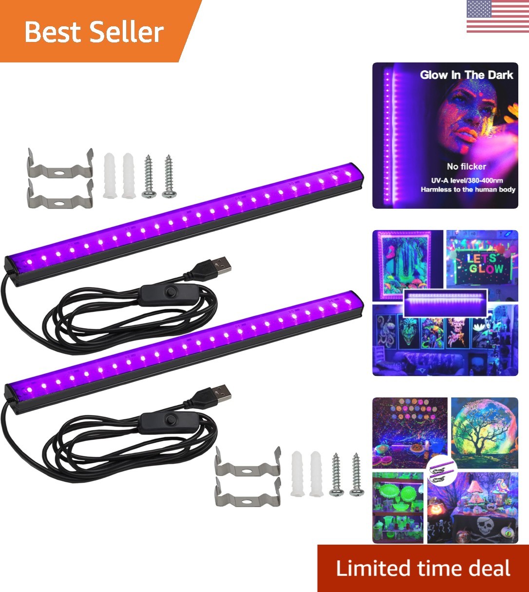 UV Black Light Bar Fixtures Ultraviolet Lamp Strip US Plug DJ Party Club 2PCS