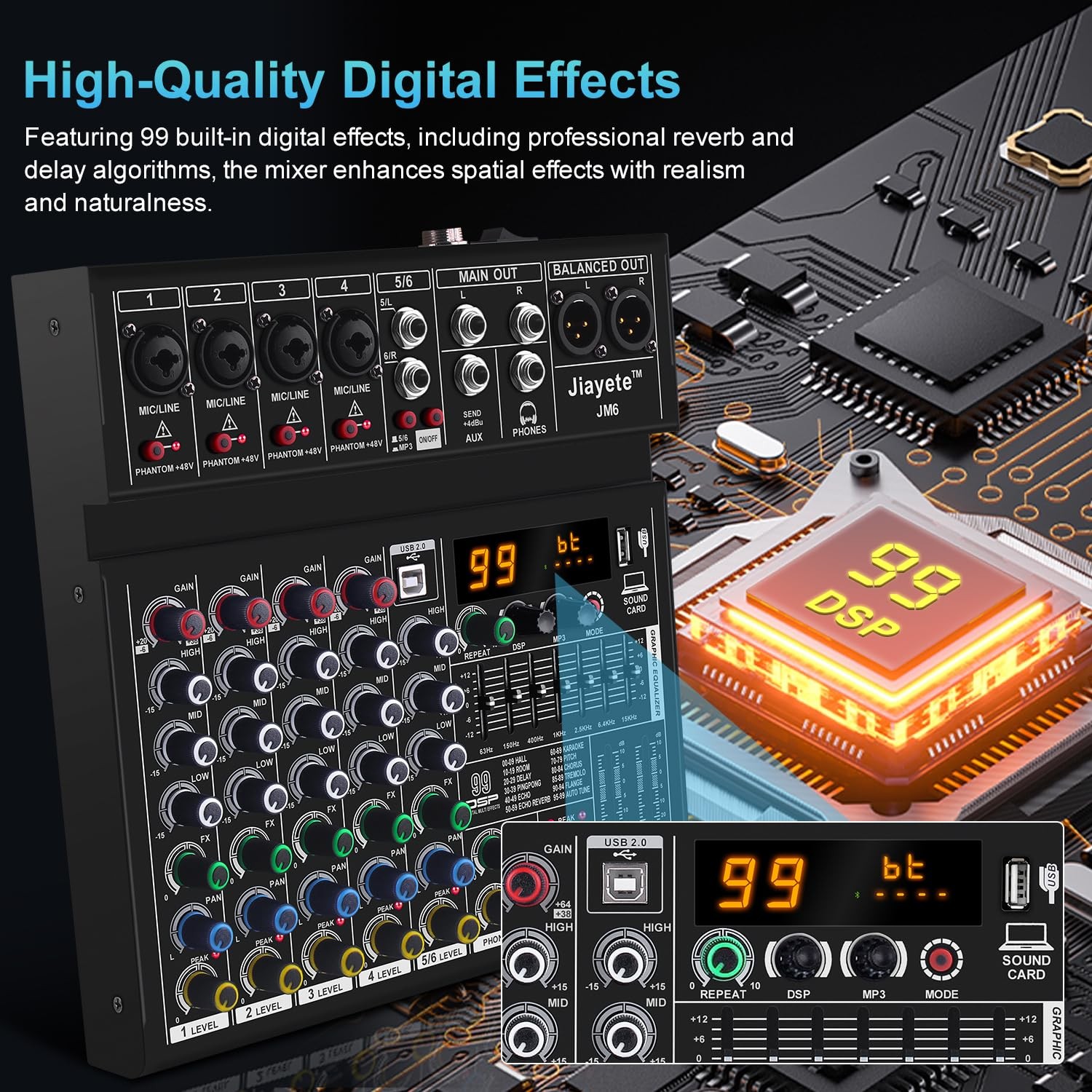 6 Channel DJ Mixer, Professional Audio Mixer, Metal, DSP 99 Preset Effects, B…