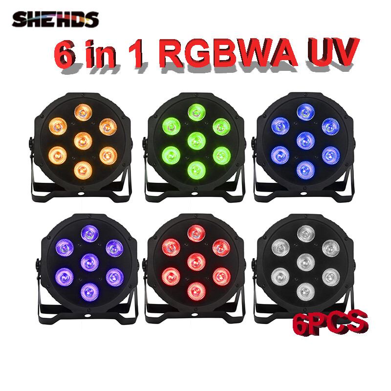 6PCS 6 in 1 RGBWA+UV 7x18W LED Flat Par Light DMX 512 Stage Lighting Club Lights