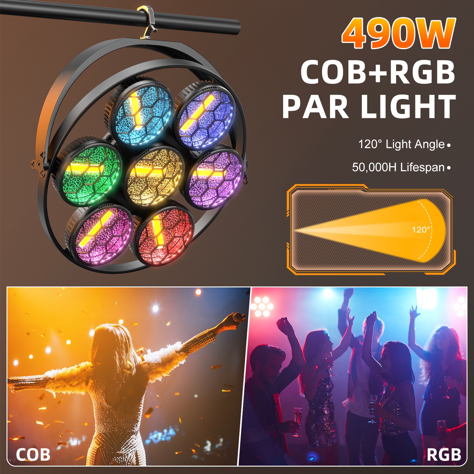 450W Golden RGB COB Retro LED Spotlight DMX DJ Party Light Music-Controlled