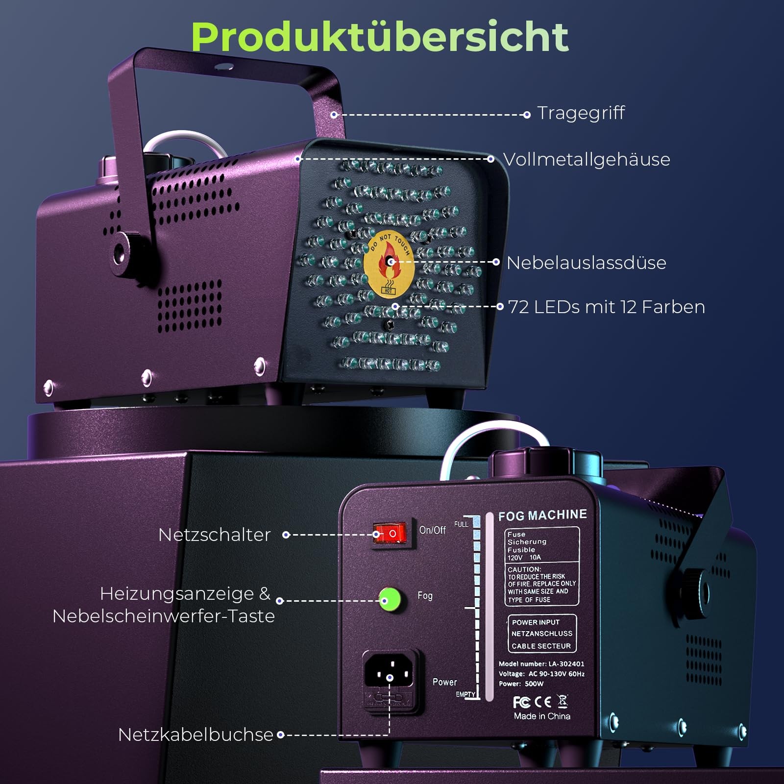 500W Fog Machine with 72 RGB LEDs & Wireless Remote, 2000CFM High Output Smok…