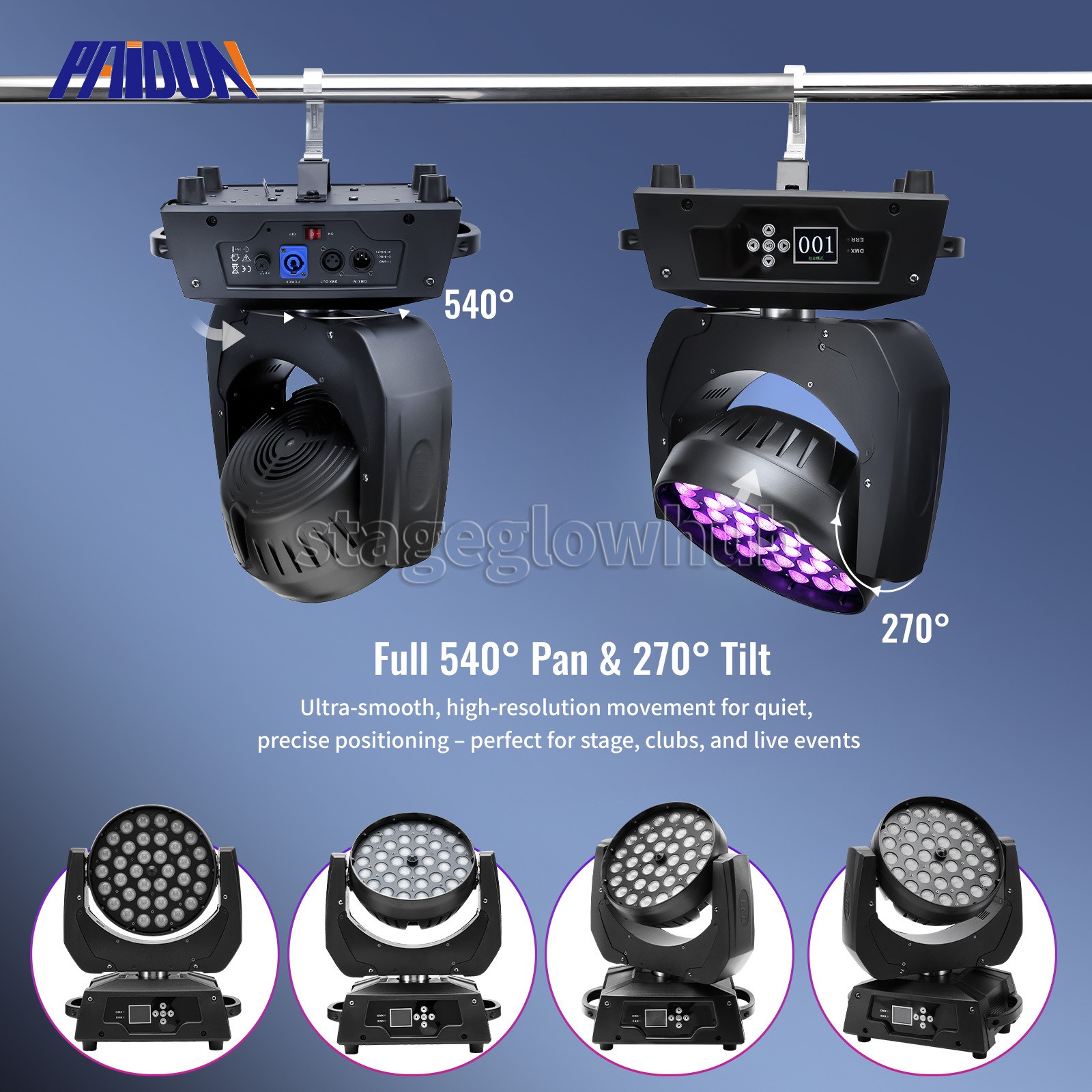PAIDUN 36x10W 4IN1 RGBW Zoom Moving Head Stage Light Wash Beam Effect Lighting