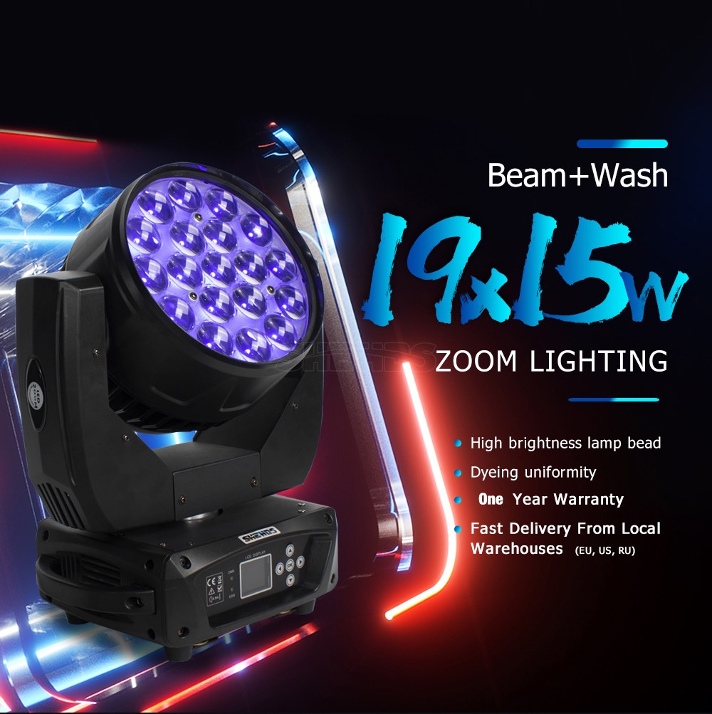 4PCS 19x15W LED Beam Wash RGBW Zoom Moving Head Stage Lighting DJ Party Show Bar