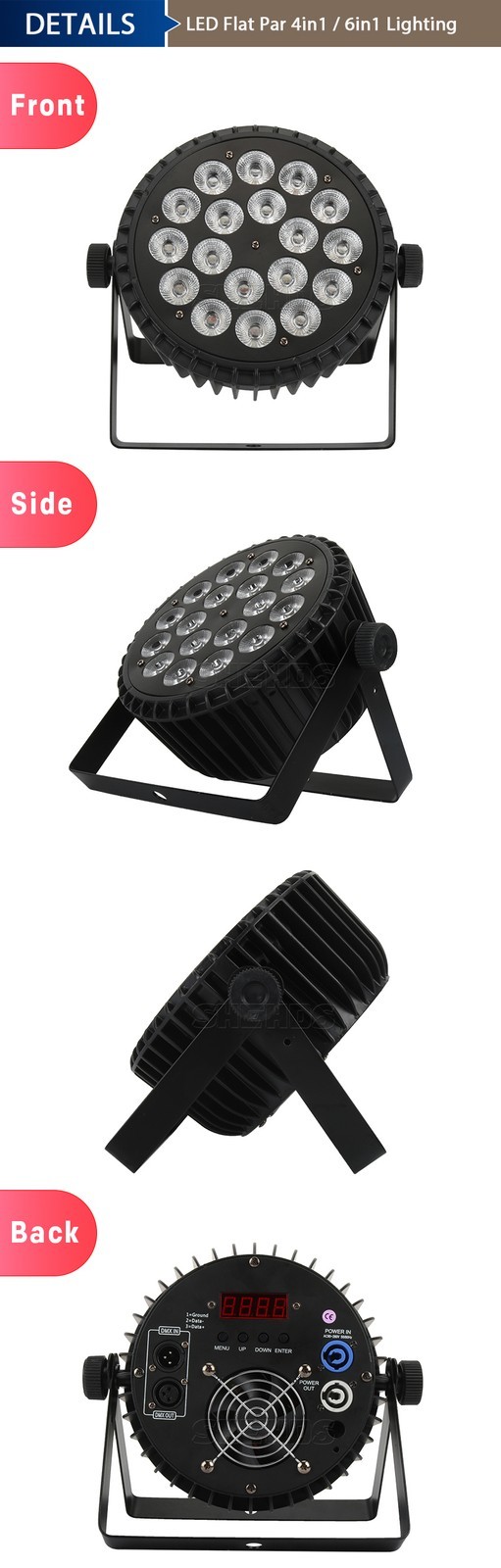 SHEHDS 18x18W LED Aluminum Alloy RGBWA+UV Flat Par Light For Party Show Disco