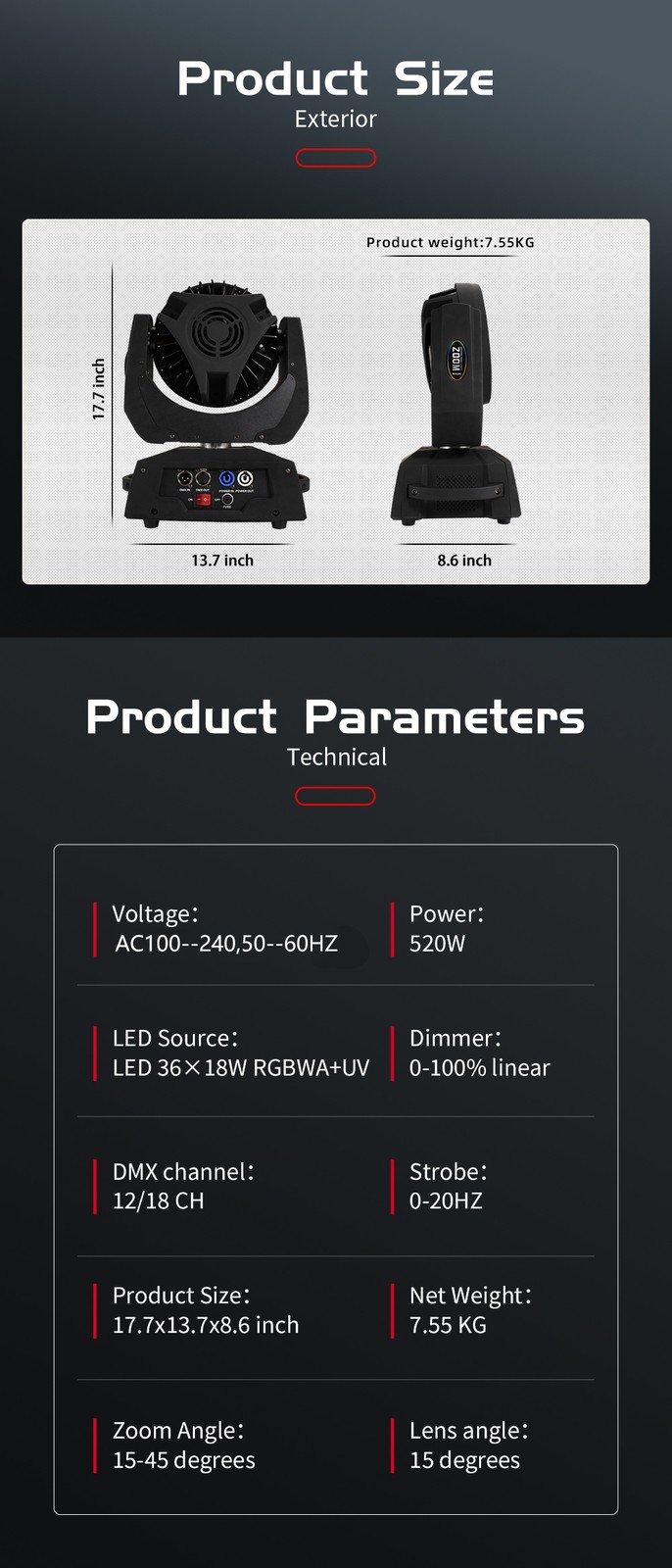 6Pcs 36x18W RGBWA+UV Zoom LED Moving Head Light Beam Wash DMX Party Disco Bar DJ