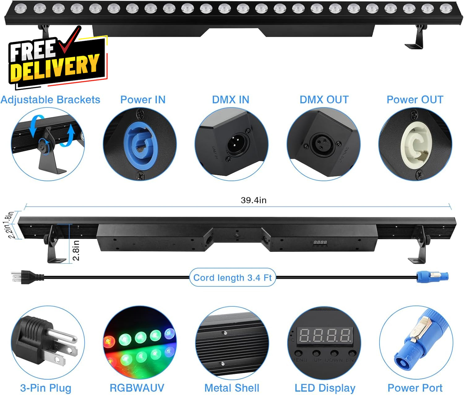 LED Stage Wash Light Bar 150W 6IN1 RGBWA+UV Color Changing Linear Wall Wash…..