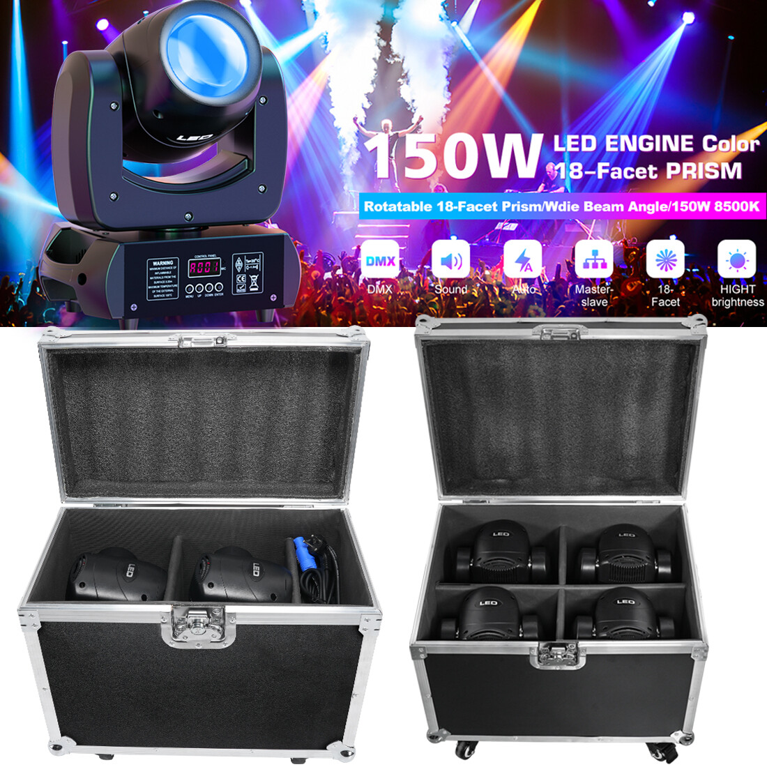 UKING 150W 18 Prism 8 Gobo LED Beam Moving Head Light DMX DJ Spot Party w/Case