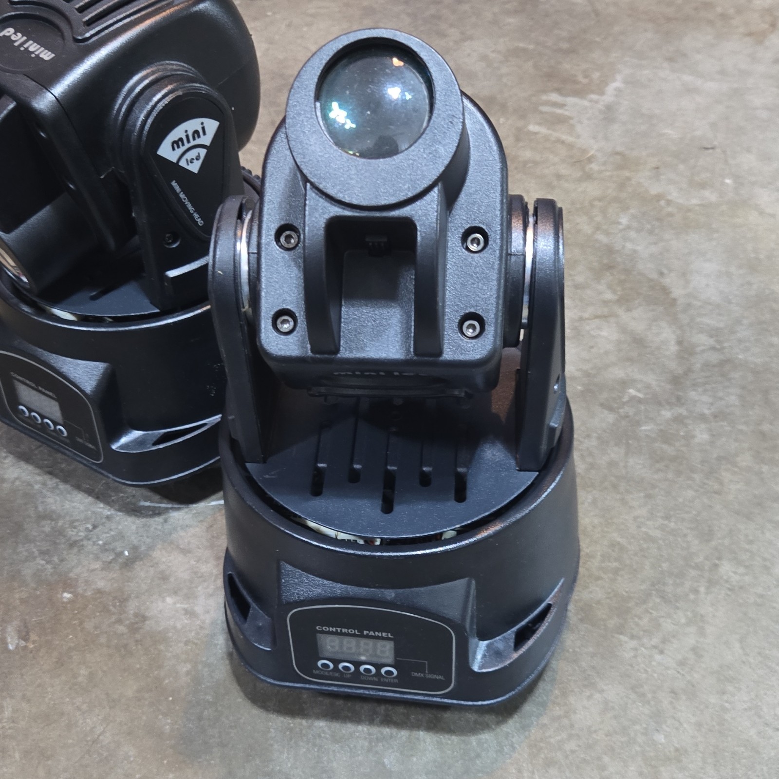 Two Mini LED Moving Head Lights DMX, Built-In Display, Fan Cooled, Pan/Tilt