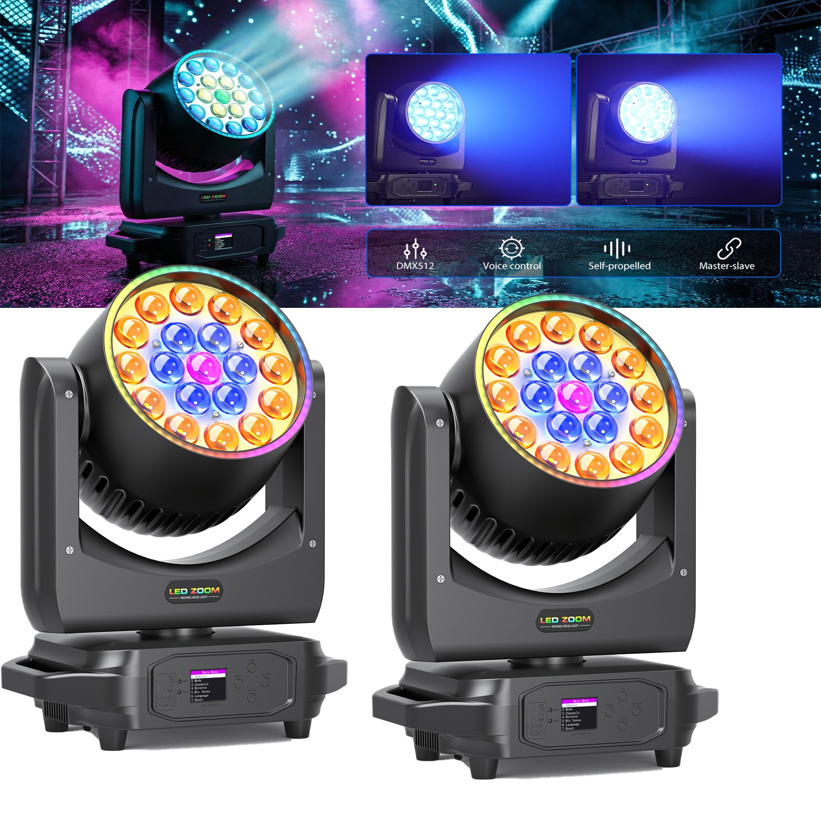 380W Moving Head Beam Light 19 LEDs With RGB Ring Zoom DJ Light Party Bar Club