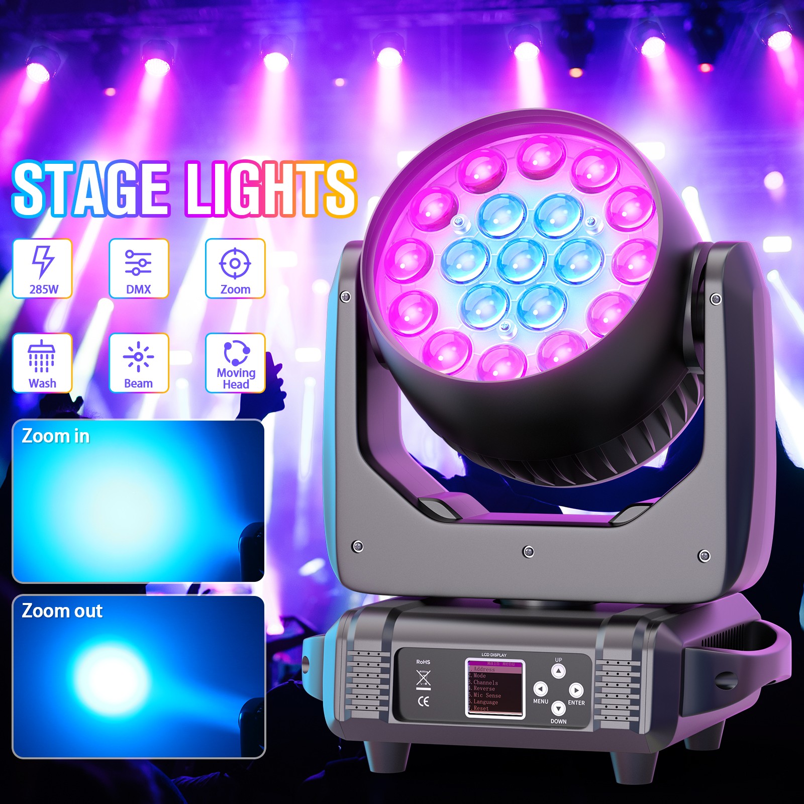 19LED 285W Beam Moving Head Light Zoom Wash RGBW Disco Stage Lighting for Party