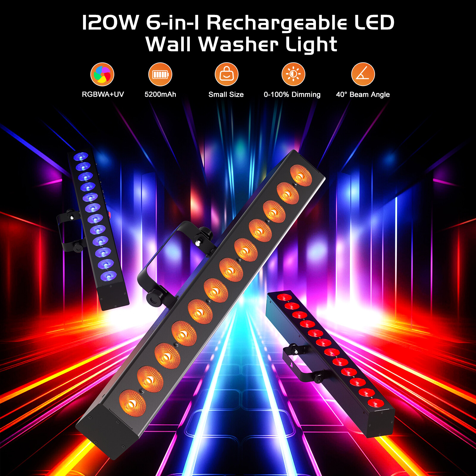 120W LED RGBWA+UV 6 IN 1 Wall Wash Battery Light DMX512 DJ Disco Stage Lighting