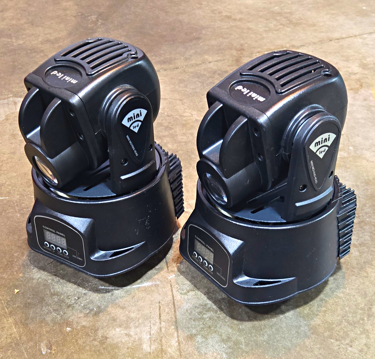 Two Mini LED Moving Head Lights DMX, Built-In Display, Fan Cooled, Pan/Tilt