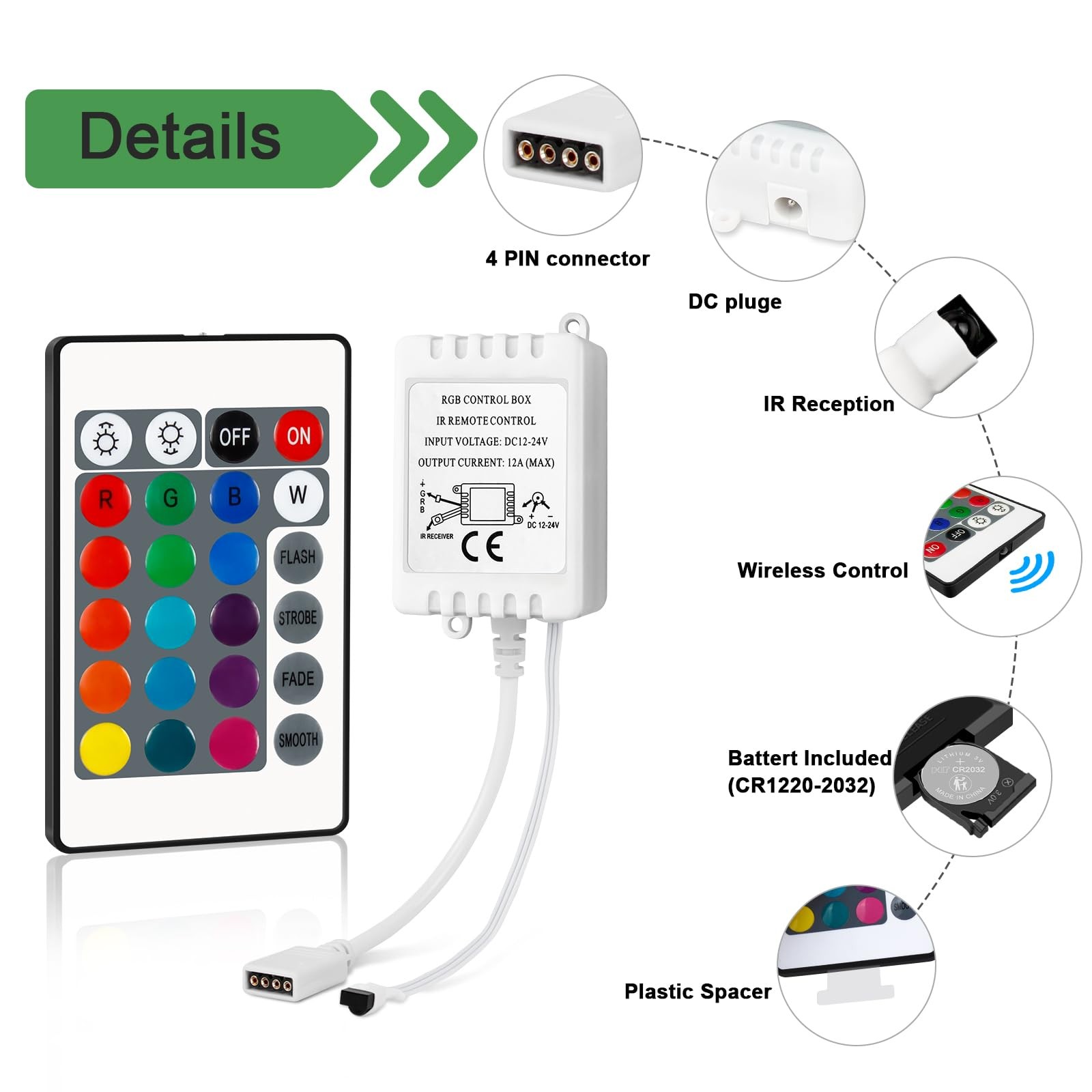 24 Keys Wireless RGB LED Controller with DC 12V/24V IR Remote Control Box for…