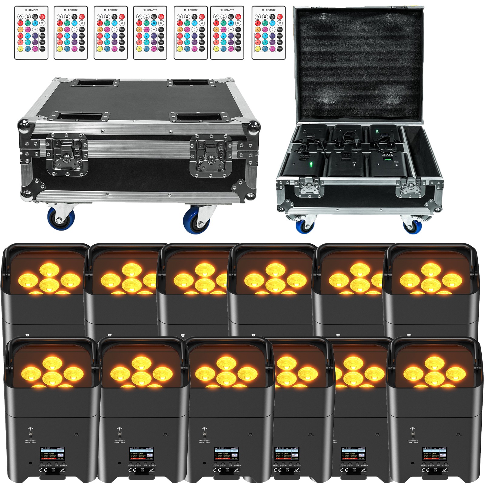 12Pcs 6x18W RGBWA+UV Wifi APP Wireless Remote Control Par Light With 2pcs Case