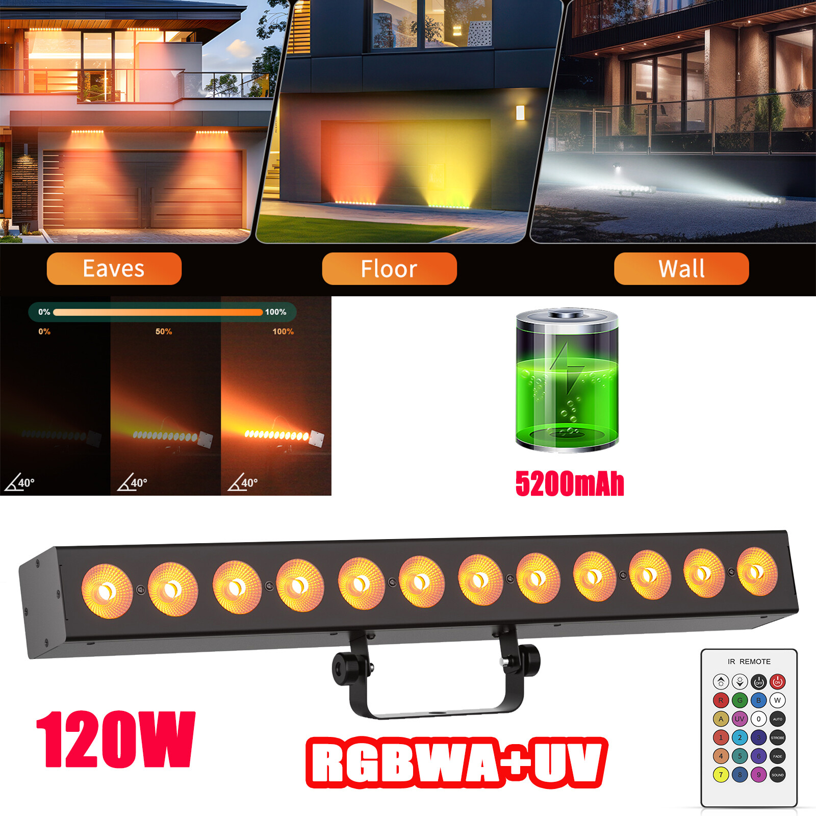 12X10W LED Beam Wall Washer Light RGBWA+UV Battery Wall Washer Light for Party