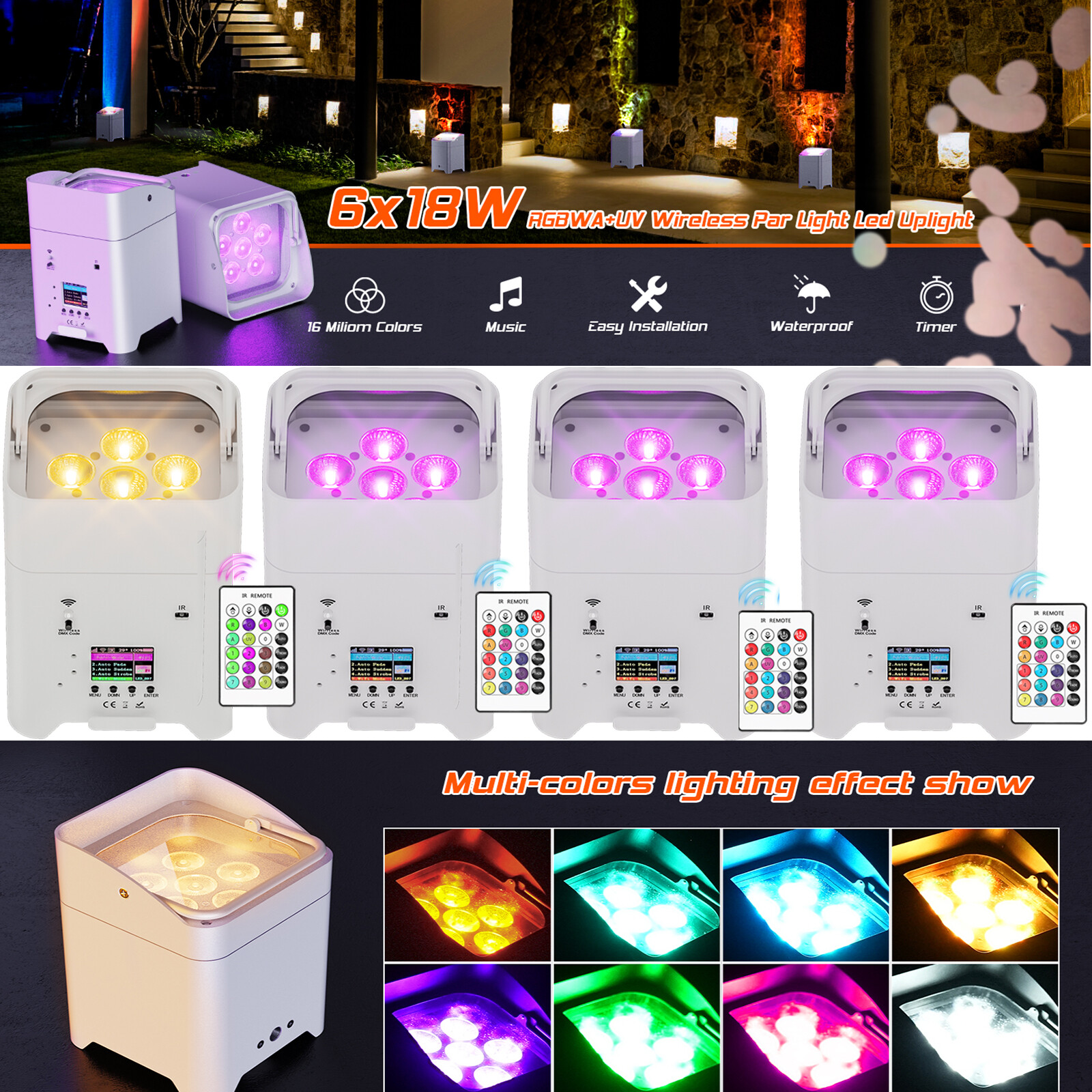 4PCS 6x18W RGBWA+UV Battery Powered WIRELESS DMX Par Can Lights DJ Uplighting