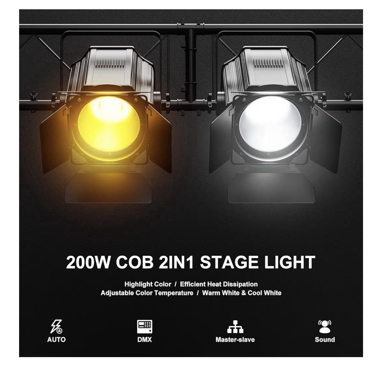 Stage Light With Barn Doors 200W Cob LED 2 In 1 Cool White & Warm White