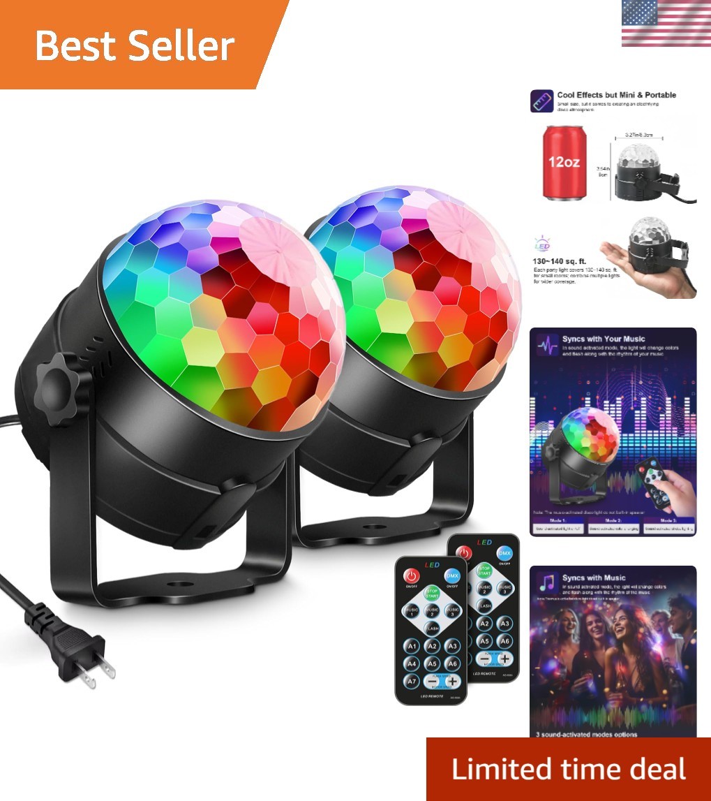 Compact Sound Activated 2-Pack Disco Lights with Remote for Dance Parties