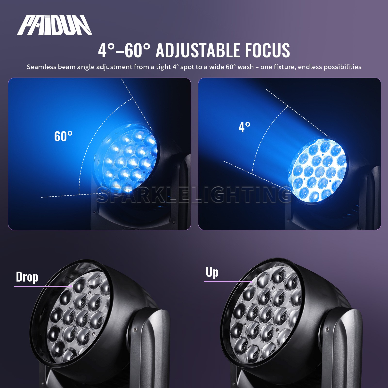 PAIDUN 1/2/4PCS LED RGBW 19x15W Zoom Beam Moving Head Wash Light Music Control