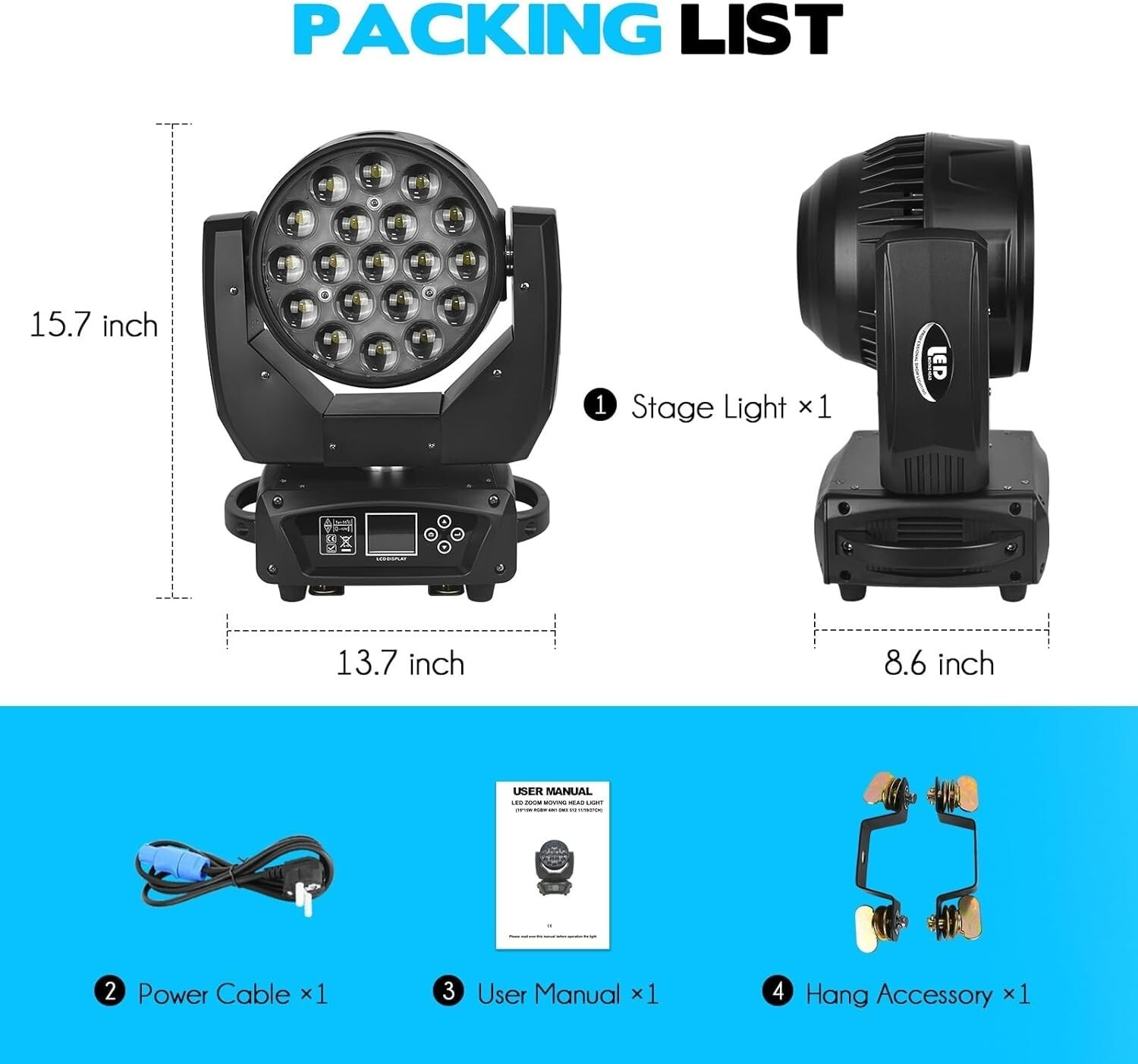XPC 19x15W LED Moving Head Light Zoom RGBW DJ Disco Party Wash Stage Light DMX