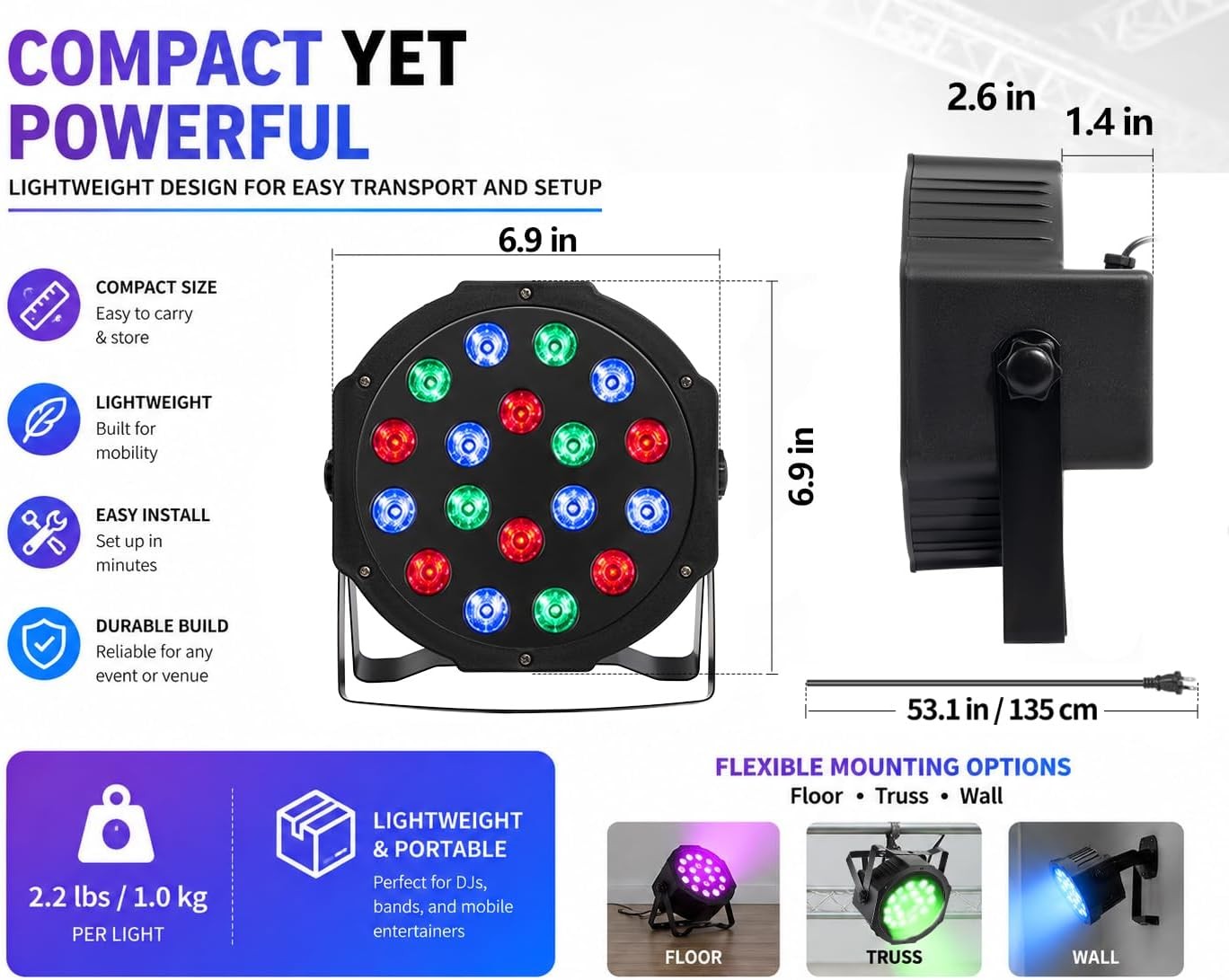 LED Stage Lights DMX 8pcs 18x3W RGB Par Can Lights DMX Control & Sound Activated