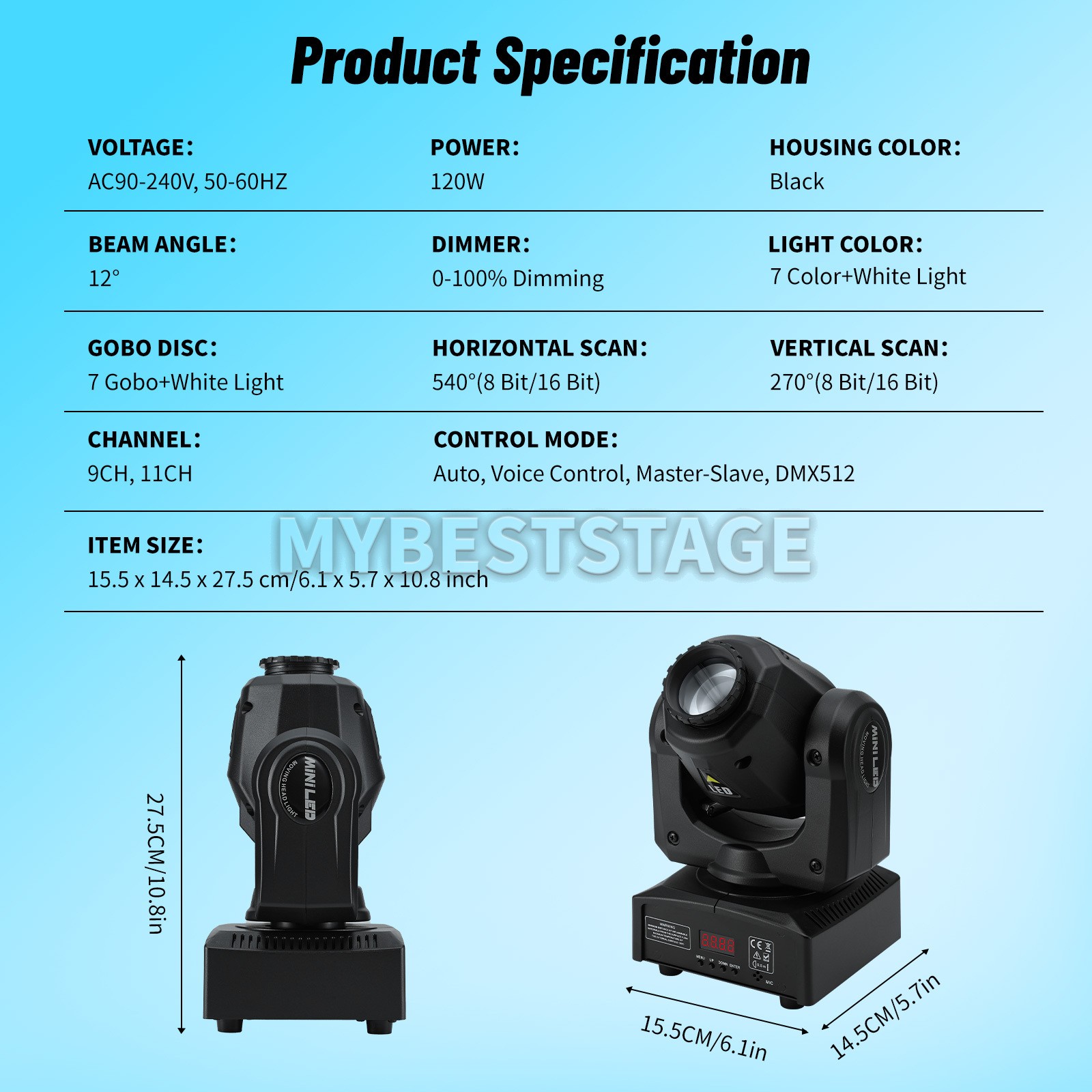PAIDUN 120W Sharpy Beam Moving Head Light 8Gobo Music Control Disco Bar DJ Party