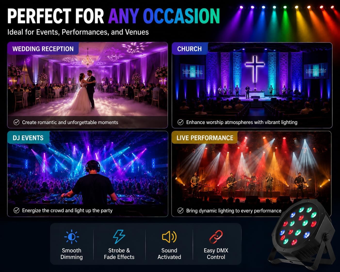 LED Stage Lights DMX 8pcs 18x3W RGB Par Can Lights DMX Control & Sound Activated