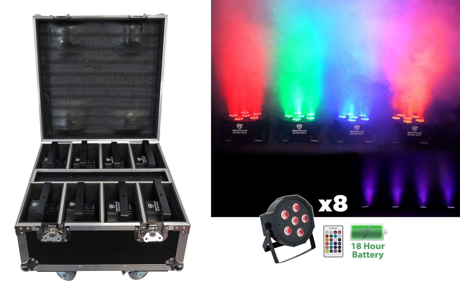 Rockville BATTERY PAR PACK 61 V2 Black 8) Rechargeable Wash Lights+Charging Case