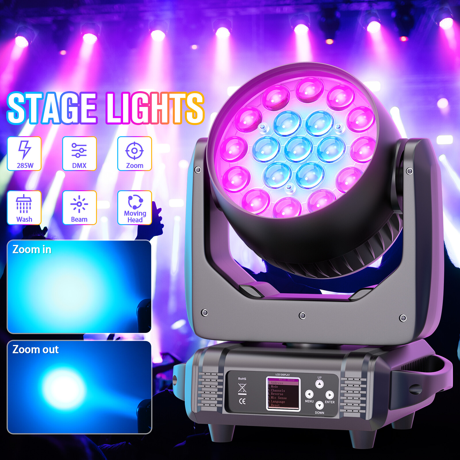 19x15W LED Moving Head Light RGBW Zoom Beam Stage Wash Lighting DJ Party Bar