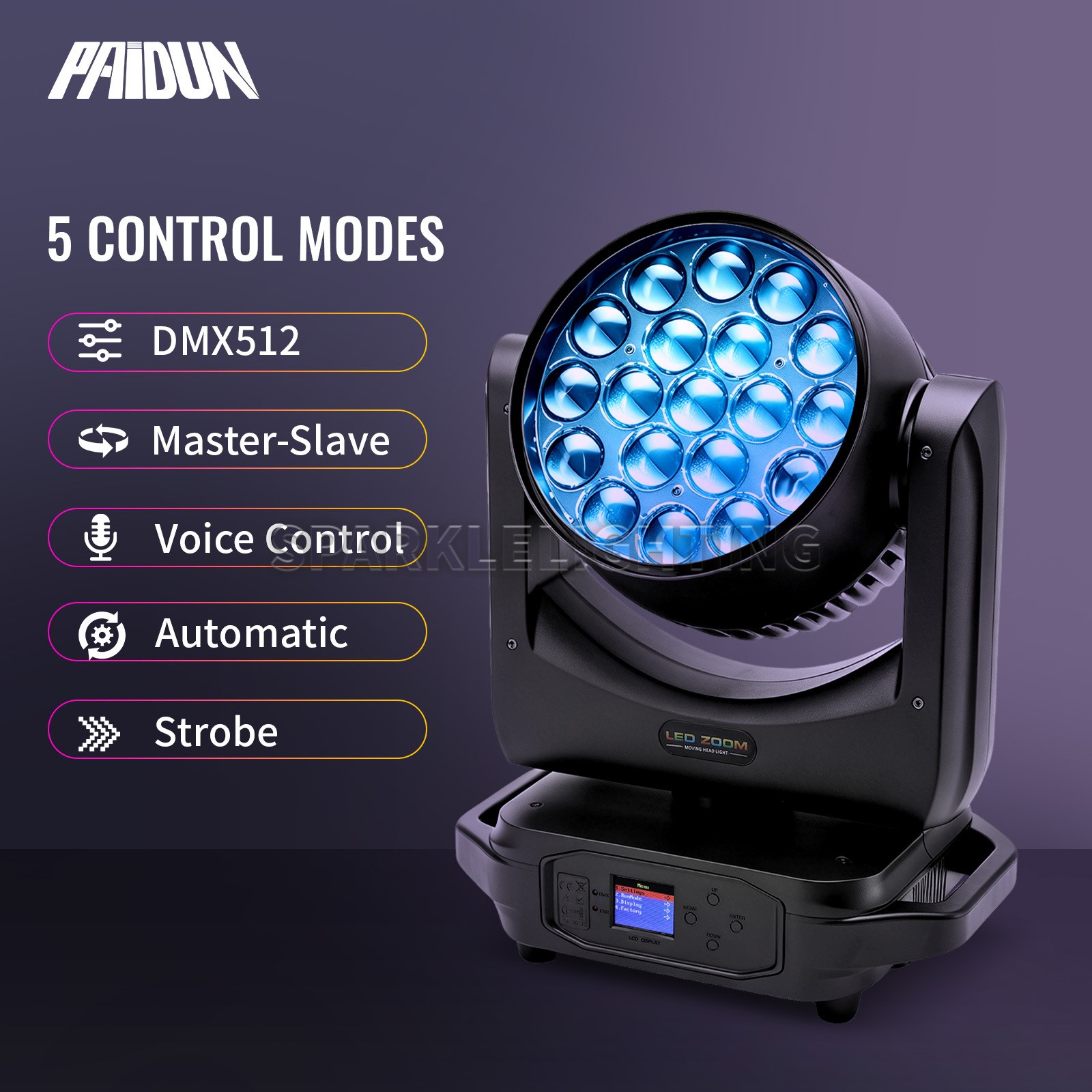 PAIDUN 1/2/4PCS LED RGBW 19x15W Zoom Beam Moving Head Wash Light Music Control
