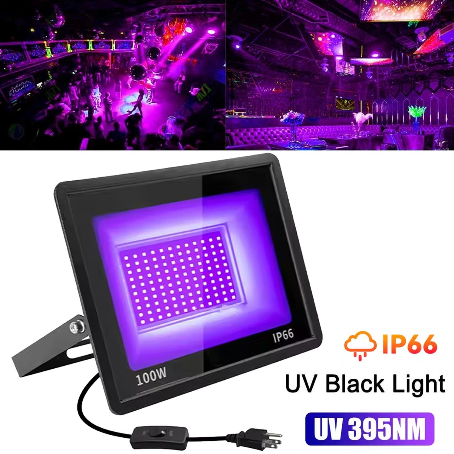 2 Pack 100W UV Black Light, IP65 Waterproof, Glow Party Light, Stage Lighting, H