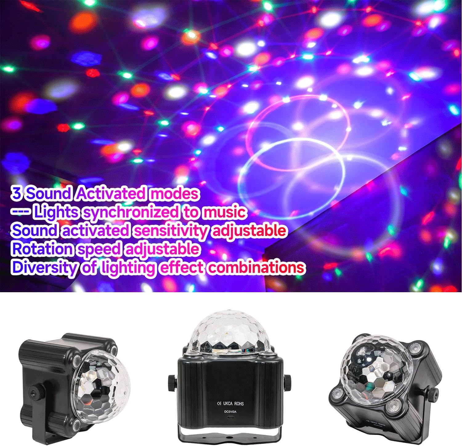Disco Ball Party Lights Indoor/Outdoor- 9W Sound Activated LED Colorful DJ Strob