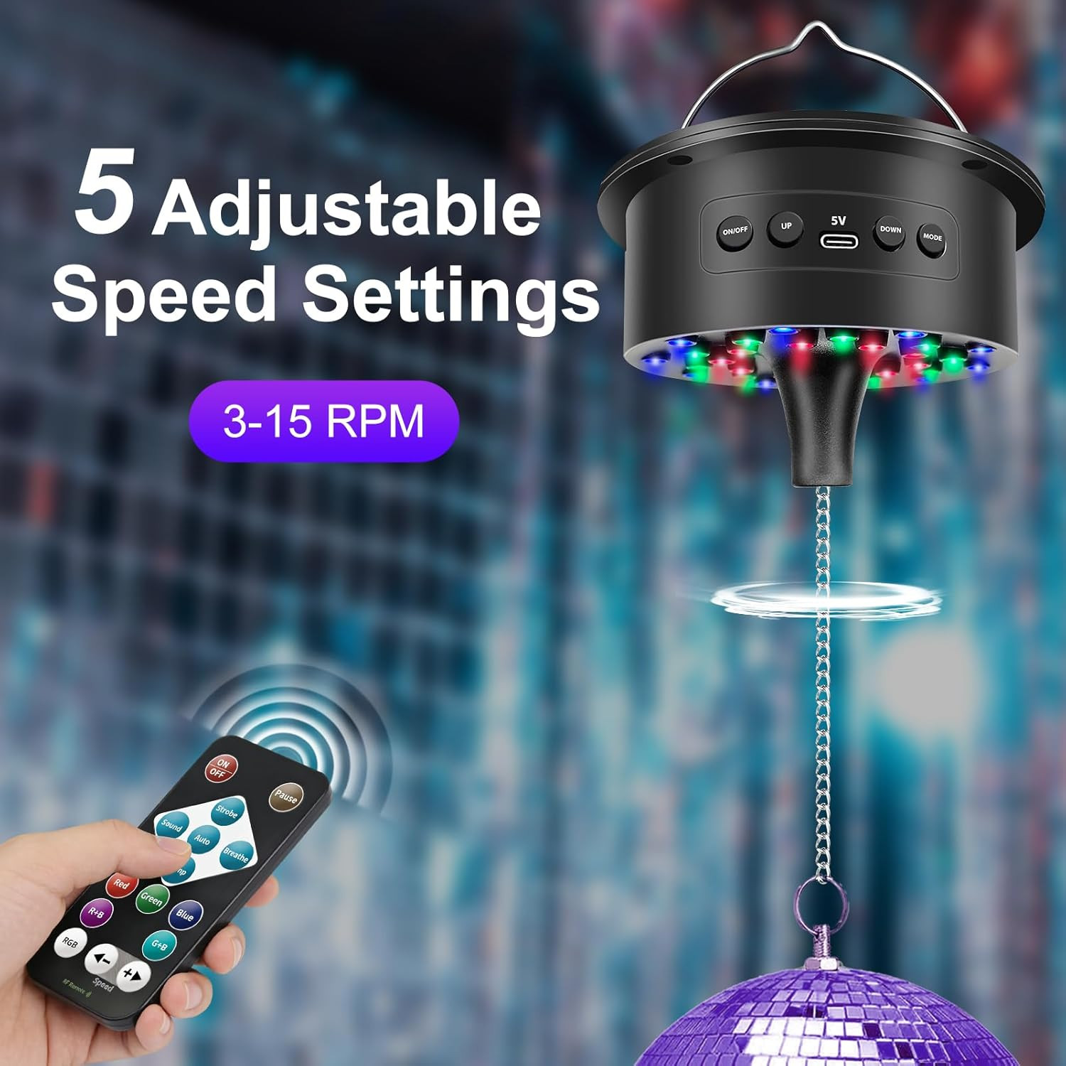 Disco Ball Motor with 17FT USB Cable, 3-15 RPM & 30 Leds Disco Ball Motor with R