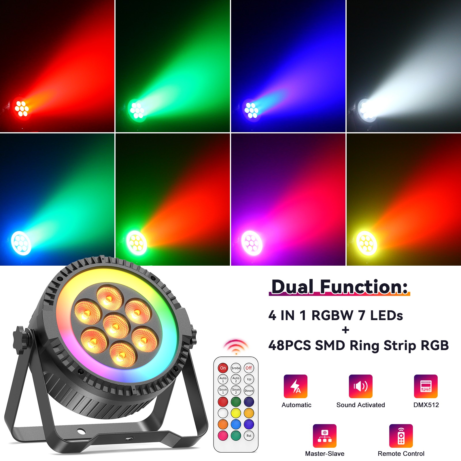 Wireless Par Light RGBW 7LED DMX Sound Control For Stage Event Party Disco