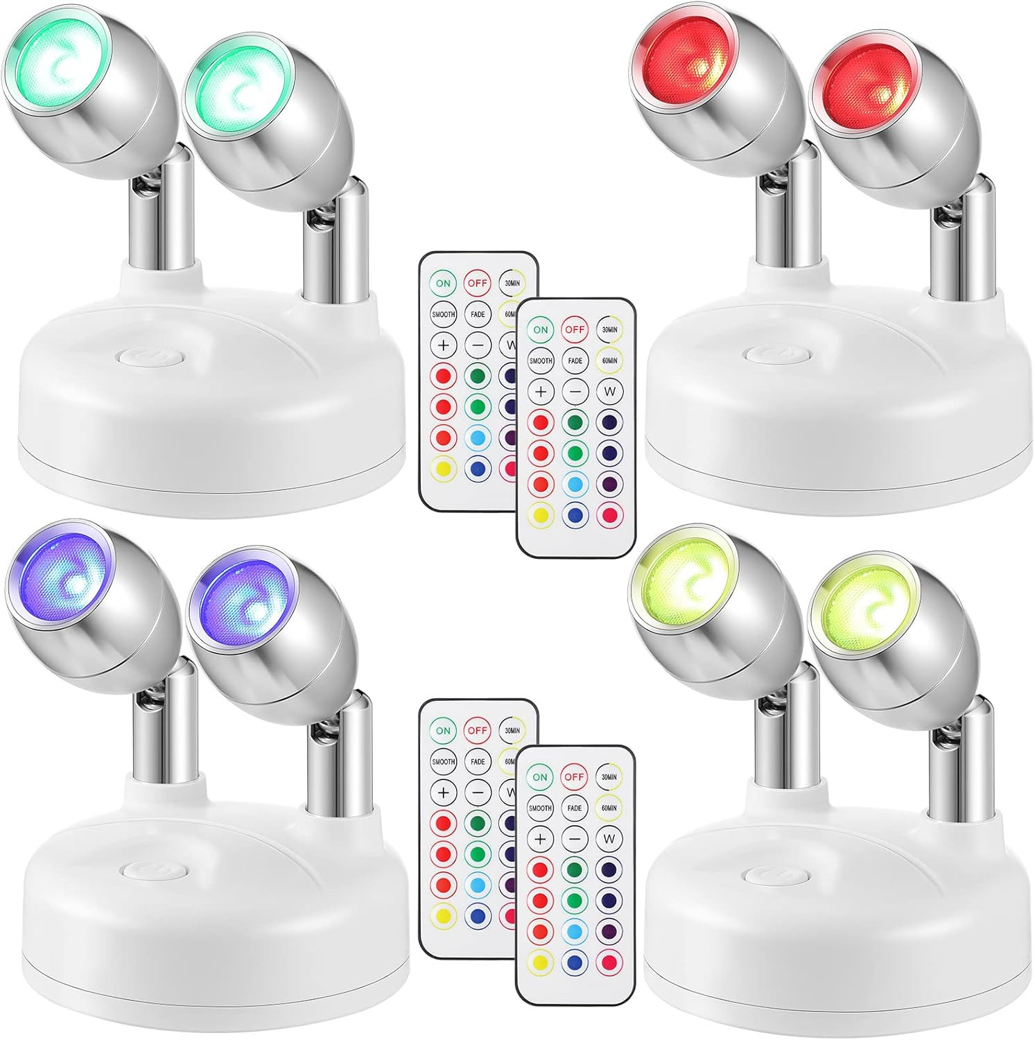 4 Pack Dual Head Battery Operated Spotlights Indoor Wireless RGB LED Spot Light