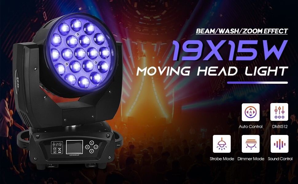 XPC 19x15W LED Moving Head Light Zoom RGBW DJ Disco Party Wash Stage Light DMX