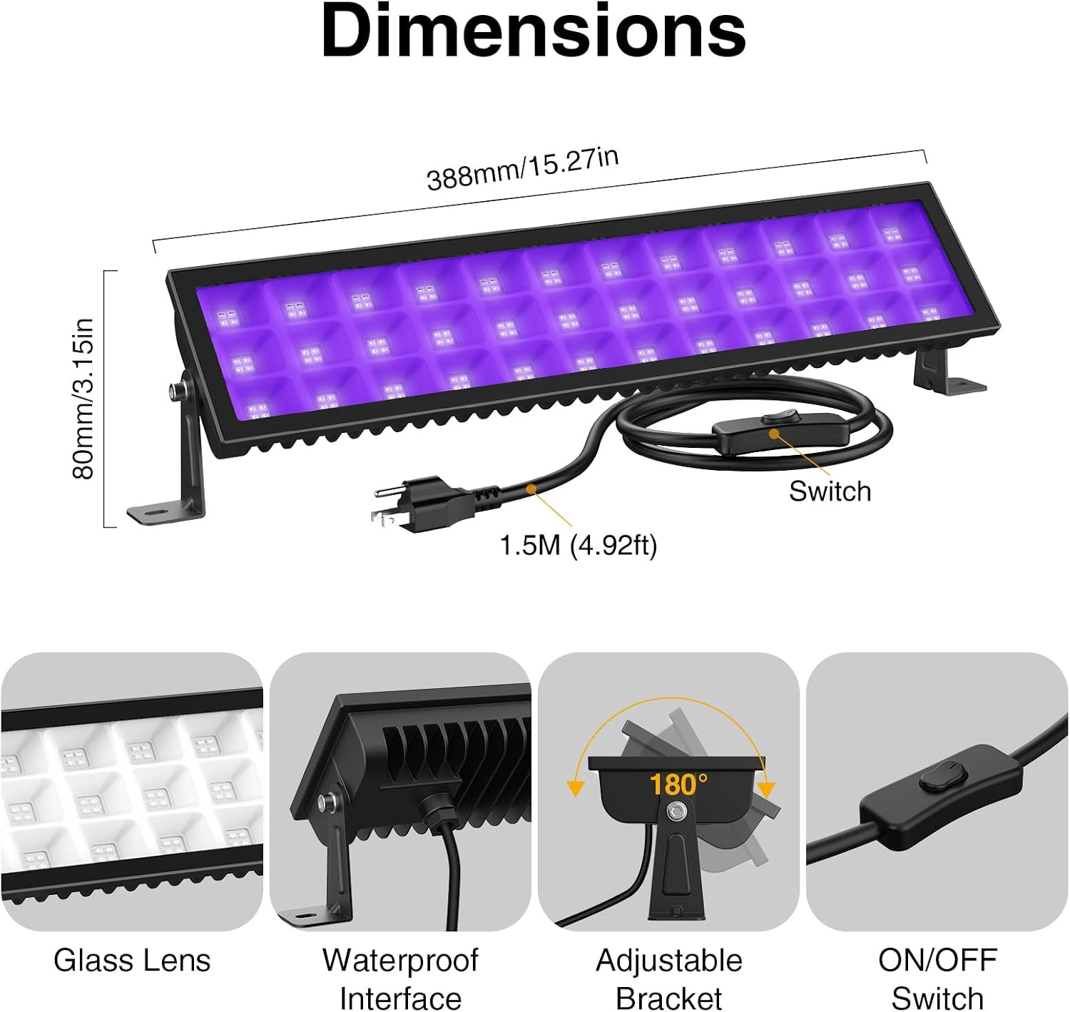 72W Black Light Bar, LED Blacklight for Party, 2 Pack | Plug and Switch IP66 Wat