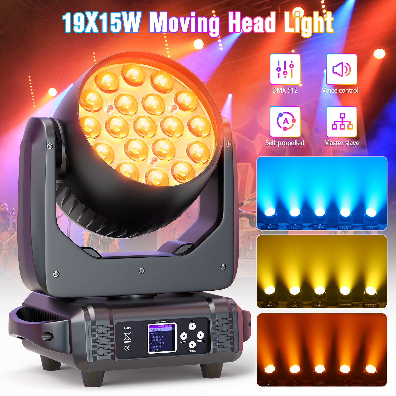 DMX 19x15W RGBW 4-in-1 LED Wash Zoom Moving Head Beam Light DJ Disco Stage Light