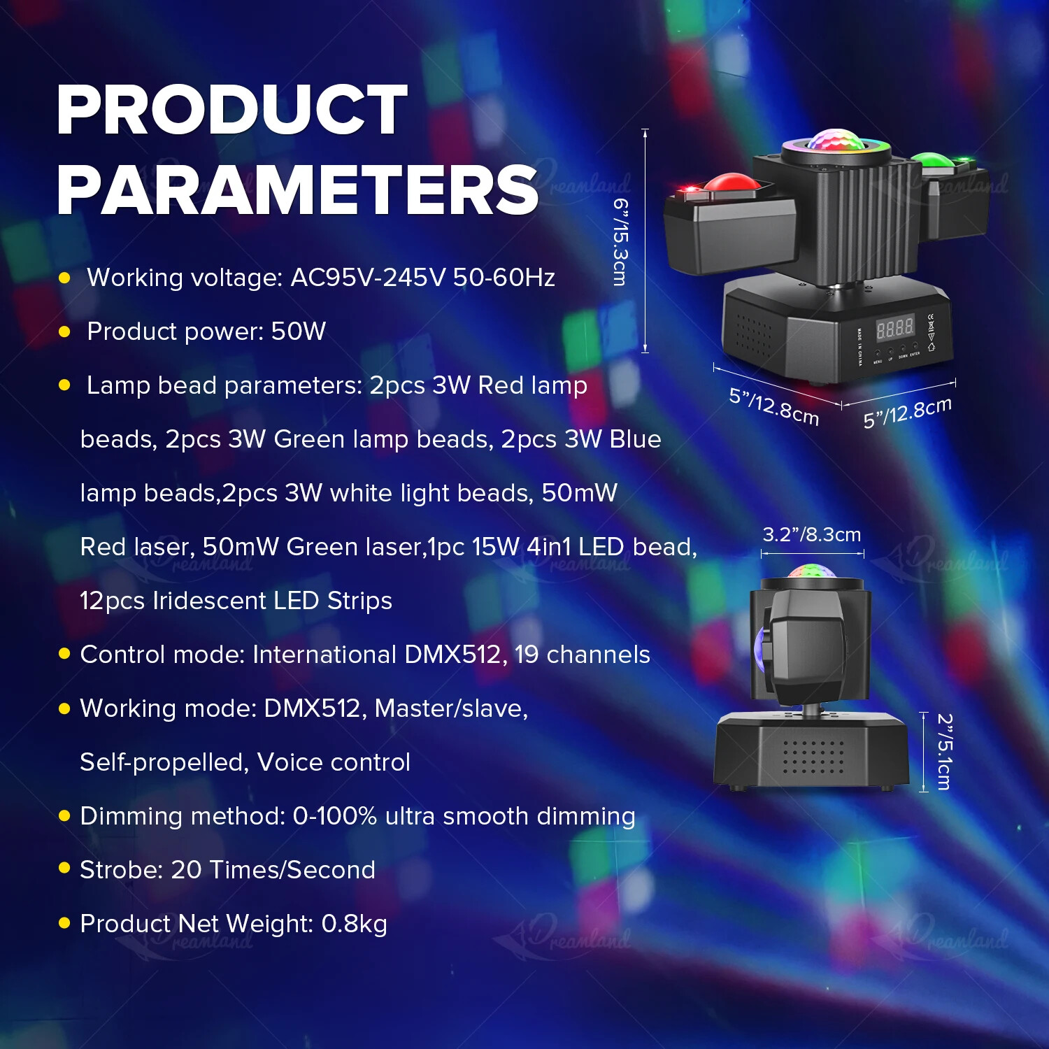 Laser Light RGBW LED Moving Head Disco Stage Lighting Beam DMX512 Party DJ 50W