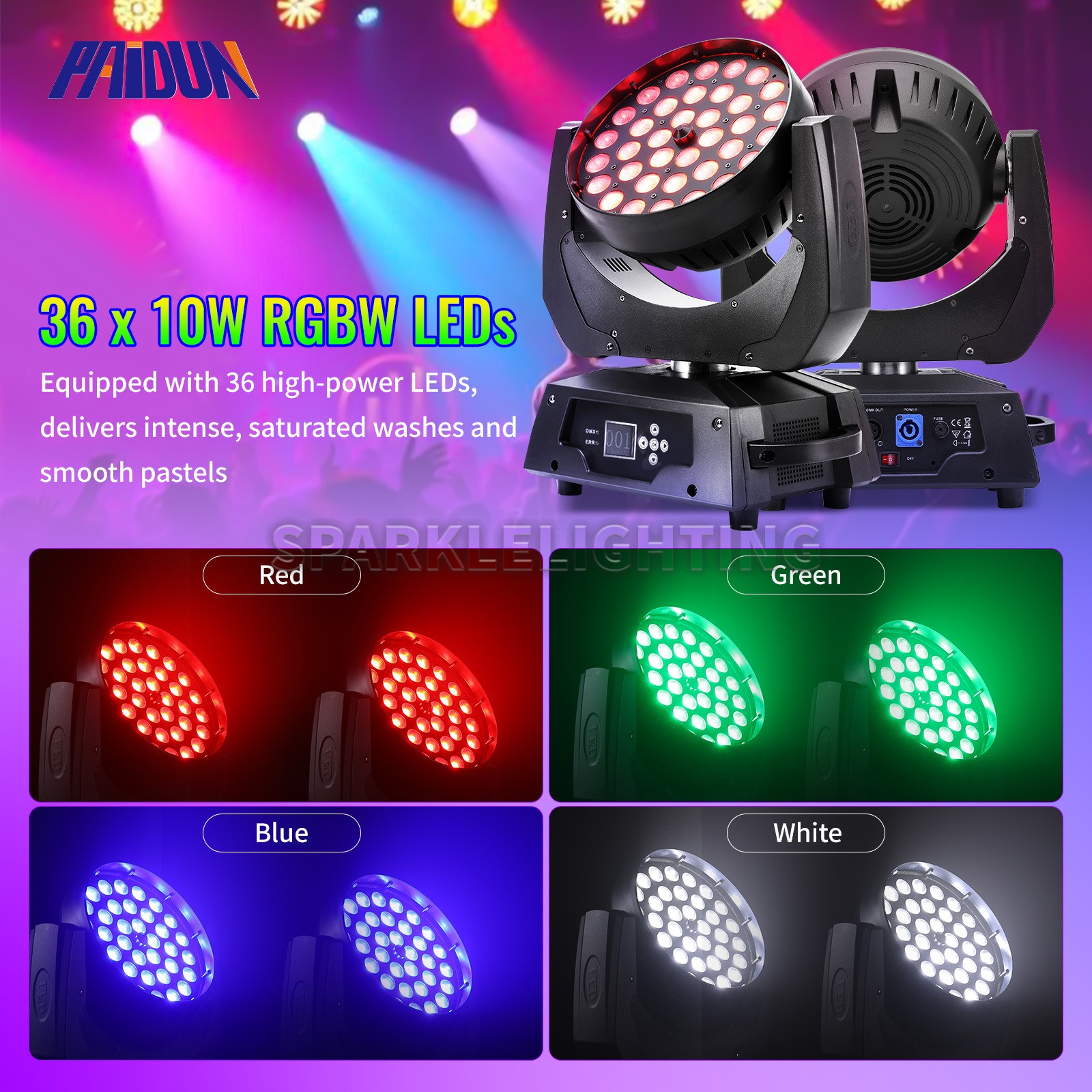 PAIDUN 36x10W RGBW Moving Head Light Zoom Wash Stage Lighting Theater Party Show