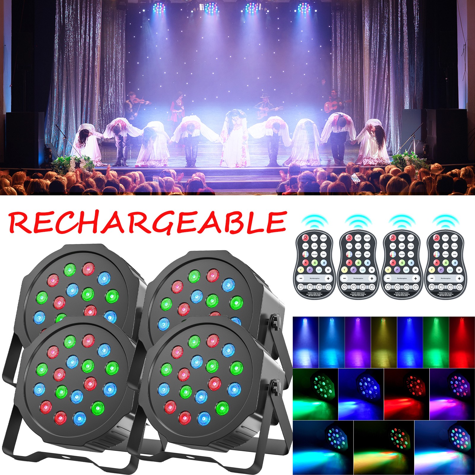 18 LED RGB Par Light DMX with Remote Stage Lighting 5000mAh Rechargeable Battery
