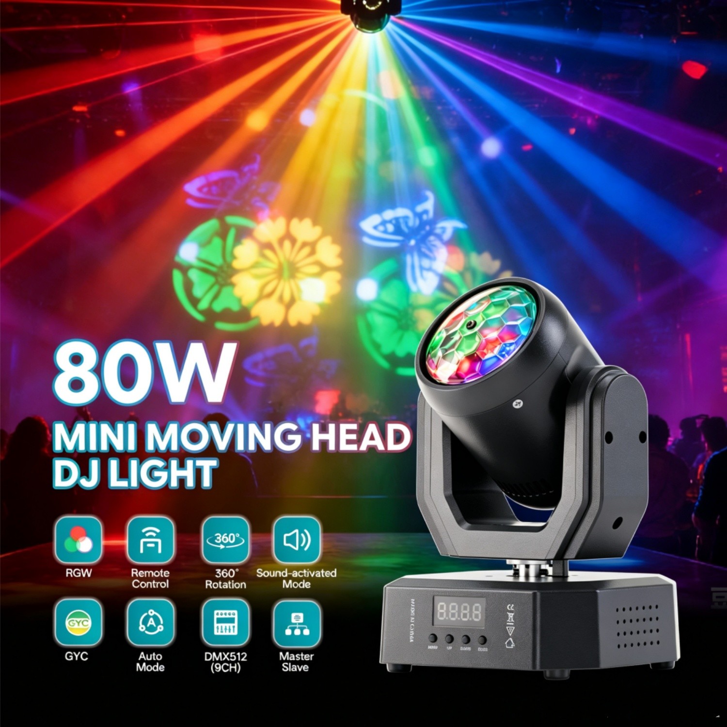 80W LED Moving Head Light RGBW Gobo Beam Stage DMX Spot Lighting DJ Disco Club