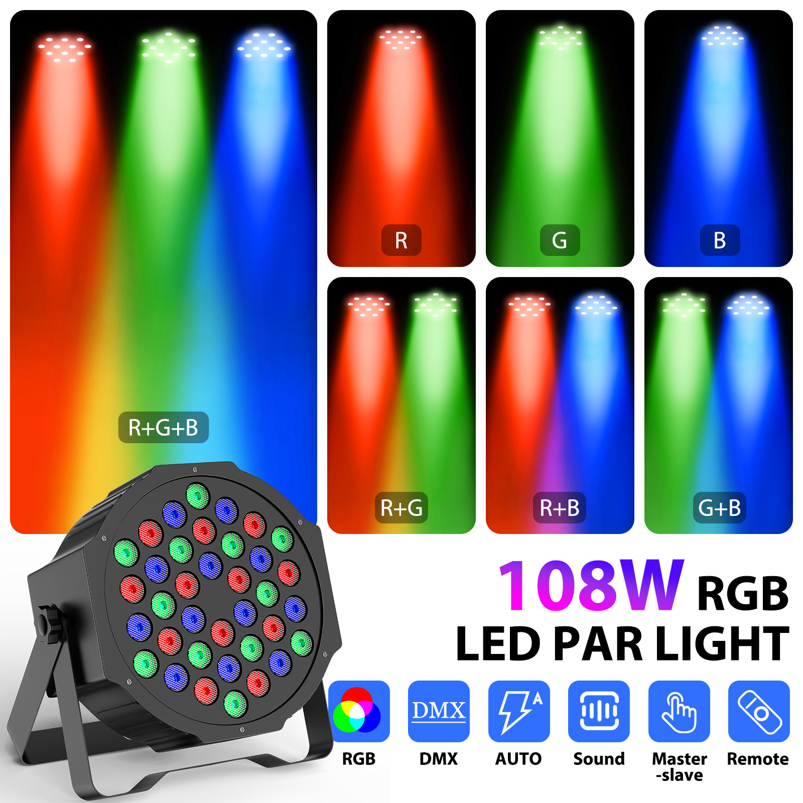 8Pack 36LED RGB Stage Lighting PAR Light DMX Beam Party DJ Disco Lights w/Remote