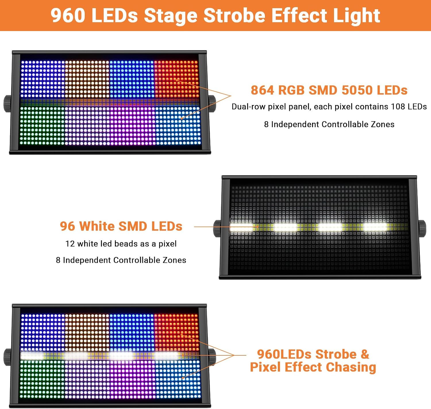 500W 960Leds RGBW Stage Strobe Light for DJ | Metal Construction 135° Wide Cover